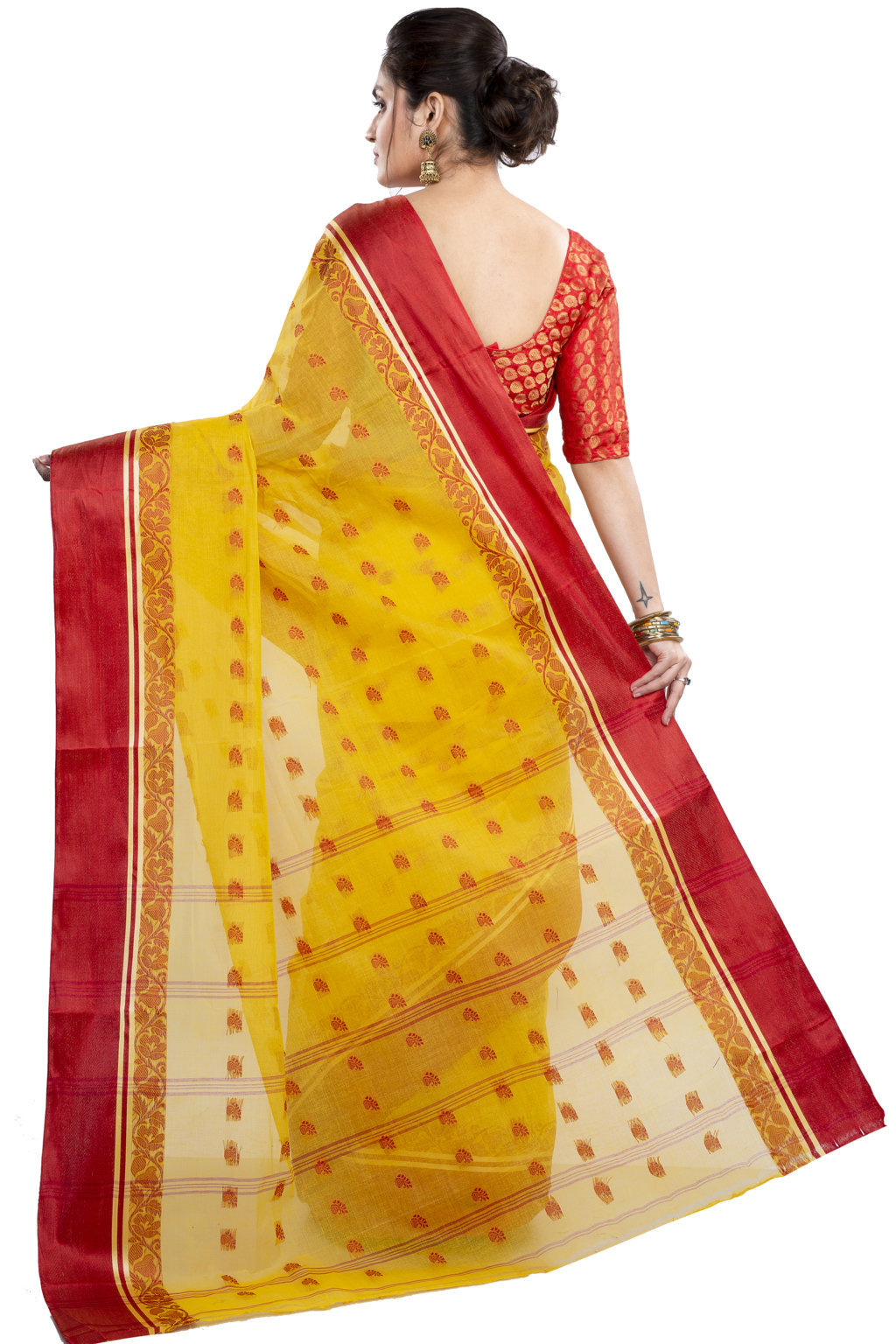 Yellow Red Pure Cotton Sukla_Velvet Tant Saree (801)